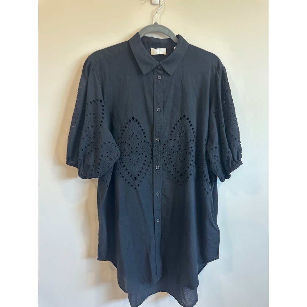 7 For All Mankind Womens Black Eyelet Puff Sleeve Button Down Shirt Small